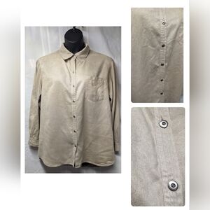Chico's Size 3 light tan polyester suede feel long sleeve button up collared top